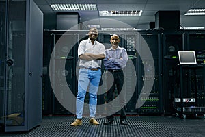 Happy, men or portrait of engineers in server room for online cyber security glitch or hardware. IT support team, black