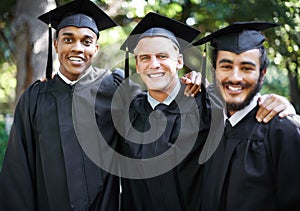 Happy, men and school portrait at graduation with celebration, friends and graduate group outdoor with a smile. Class