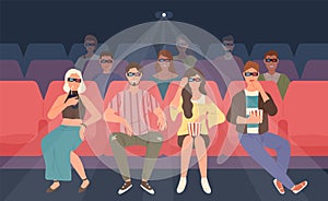 Happy men and women sitting in chairs at three-dimensional movie theater. Friends or mates in 3d glasses watching film