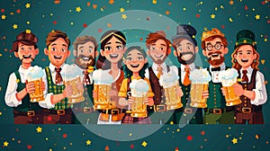 Happy men and women in traditional bavarian clothes drinking beer and having fun at Octoberfest illustration