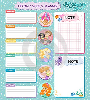 Happy mermaids weekly planner and note pages vector set