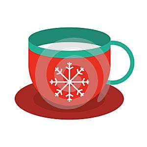 Happy merry christmas, coffee cup with snowflake decoration, celebration festive flat icon style