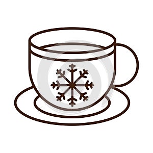 Happy merry christmas, coffee cup with snowflake decoration, celebration festive linear icon style
