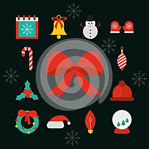 Happy merry christmas, decoration ornaments season celebration festive flat icons black background
