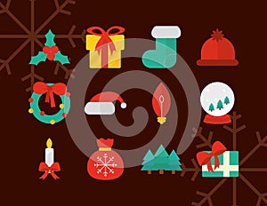 Happy merry christmas, decoration ornaments season celebration festive flat icons set style