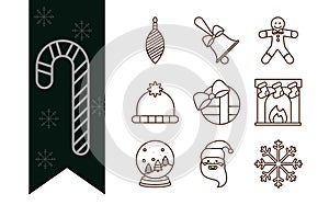 Happy merry christmas, decoration ornaments season celebration festive line icons style collection