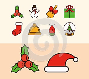 Happy merry christmas, decoration sock hat snowman gift set icons line fill icon