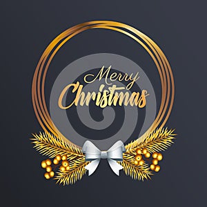 happy merry christmas golden lettering with silver bow in circular frame
