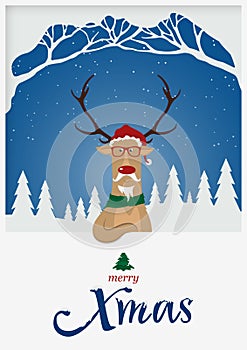 Happy Merry Christmas greeting card. Reindeer red nose standing in front of snow winter scene. X Mas typography with snow cover.