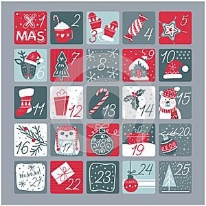 Happy Merry Christmas hand drawn festive Advent Calendar Vector stock