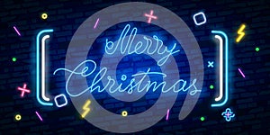 Happy Merry Christmas neon sign. Night party. Neon sign, bright signboard, light banner.