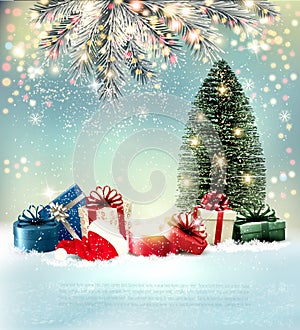 Happy Merry Christmas and New Year holiday background with colorful presents and magic box