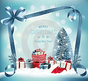Happy Merry Christmas and New Year holiday background with a red sack full presents, christmas tree and santa hat