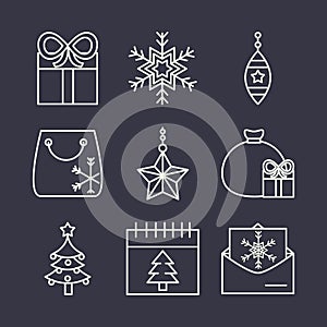 Happy merry christmas, set icons include santa star ball card and chimney line fill