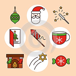 Happy merry christmas, set icons include santa star ball card and chimney line fill icon