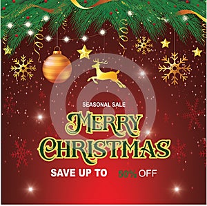Happy Merry Christmas Vector illustration Sale Banner Sparkling Lights with Golden Tinsels.