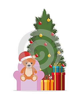Happy mery christmas card with pine tree and bear teddy