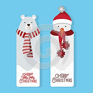 Happy mery christmas card with polar bear and snowman