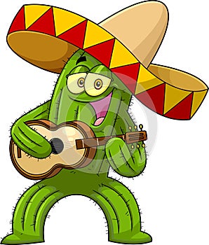 Happy Mexican Cactus Cartoon Character Singing And Playing A Guitar
