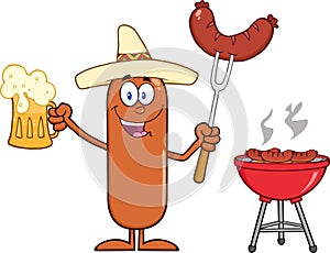 Happy Mexican Sausage Cartoon Character Holding A Beer And Weenie Next To BBQ