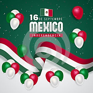 Happy Mexico Independence Day September 16th with flag balloons confetti and ribbon illustration