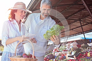 Happy mid adult couple buying fresh organic vegetables in a marketplace