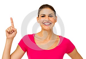 Happy Mid Adult Woman Pointing Upwards