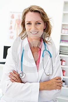 Happy Mid age female doctor in consulting room