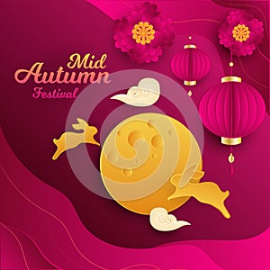 Happy mid autumn chinese festival greeting card poster design moon cloud lamp rabbit vector template