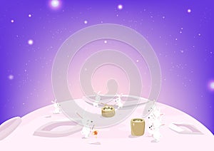 Happy Mid Autumn, cute rabbit cartoon cooking on moon in the space, fantasy purple pastel, invitation poster, greeting card