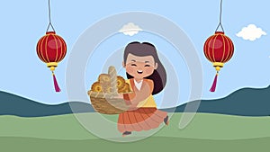 happy mid autumn festival animation with asian girl lifting mooncakes basket