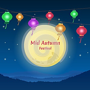 Happy Mid autumn festival banner with full moon and hang lantern at night time vector design