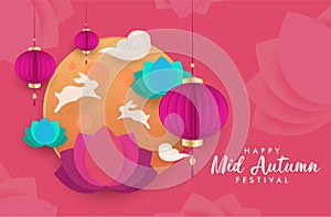 Happy mid autumn festival chinese calligraphy greeting card paper cut background poster template art