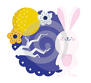 Happy mid autumn festival, cute bunny full moon flower tree, chinese clebration blessings and happiness