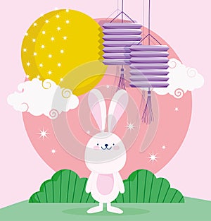 Happy mid autumn festival, cute bunny lanterns moon clouds cartoon, blessings and happiness