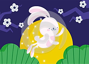 Happy mid autumn festival, cute rabbit full moon flowers cartoon, blessings and happiness