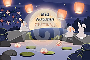 Happy Mid Autumn Festival. Cute rabbits looking at moon and Chinese lanterns. Greeting card with text for mooncake festival,