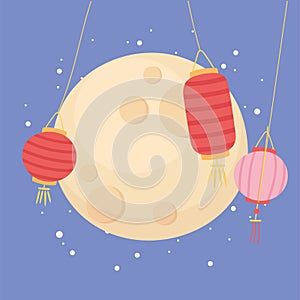 Happy mid autumn festival, full moon and lanterns night cartoon