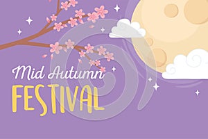 Happy mid autumn festival, full moon sakura flowers branch tree clouds sky cartoon