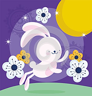 Happy mid autumn festival, funny bunny flowers moon nature, blessings and happiness