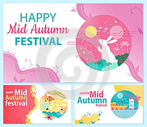 Happy mid autumn festival greeting cards design templates. Set of postcard in chinese style