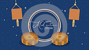 happy mid autumn festival lettering with lanterns and mooncakes