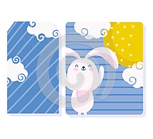 Happy mid autumn festival, little rabbit full moon clouds sky, card striped blue background