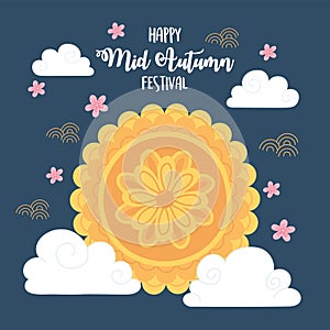 Happy mid autumn festival, mooncake sakura flowers clouds decoration poster