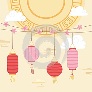 Happy mid autumn festival, strings with lanterns and sakura flowers