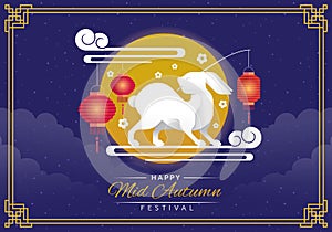 Happy mid autumn festival - white rabbit hold light chinese lantern on cloud and chinese lantern hang on cloud at full moon night
