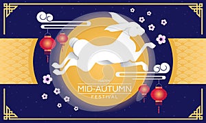 Happy mid autumn festival - white rabbit jump on full moon chinese lantern hang on cloud and flower at night background vector