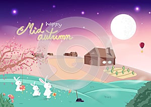 Happy Mid Autumn, harvest season, cute bunny cartoon and Sakura falling with full moon in village, fantasy concept, invitation
