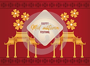 Happy mid autumn lettering card with archs chineses and flowers