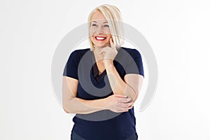 Happy middle age blonde female posing isolated, smiling blonde at the white background